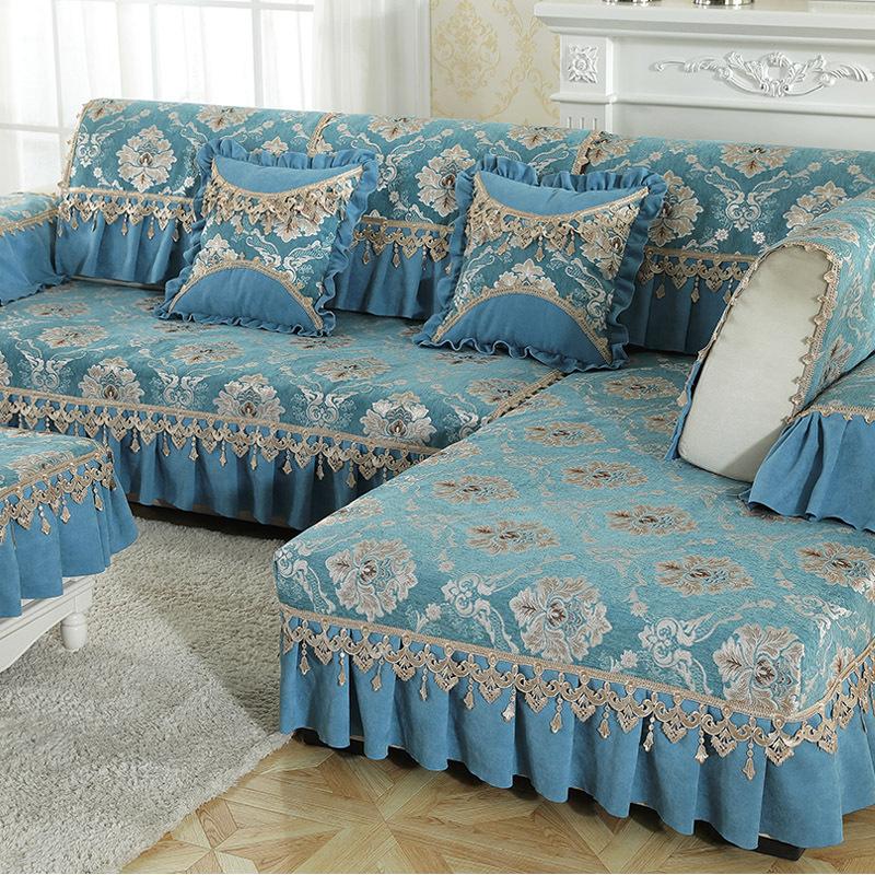 Europe Solid Color Embroidery Sofa Covers for Living Room L-shape Non-slip Floral Lace Armrest Towel Couch Cushion Slipcover