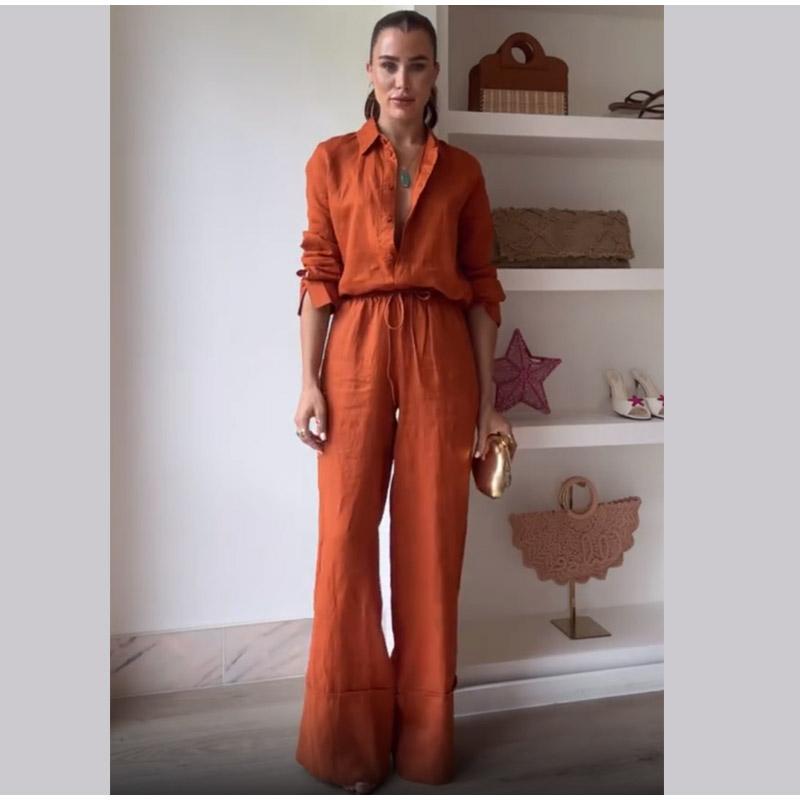 Bavlněná lněná dámská kalhotová souprava ležérní volná jednobarevná knoflíková košile kalhoty outfit léto dámský denní šik volné kalhoty oblek nový