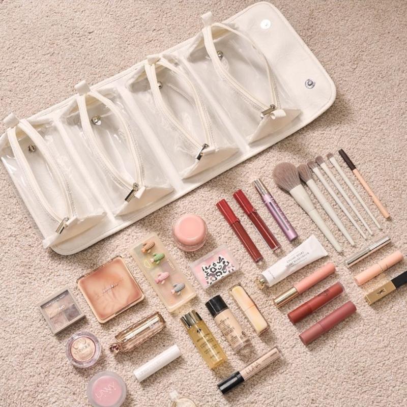 Leather Cosmetic Bag with 4 Clear Removable Separate Compartments Foldable Makeup Bags for Easy Travel and Storage