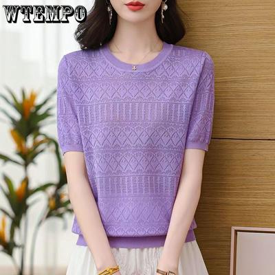 Eisseide Ausschnitt Kurzarm Strickpullover Damen Rundhals Jacquard Oberteil Pullover Dünnes T-Shirt Sonnenschutz Basisschicht Außen getragen