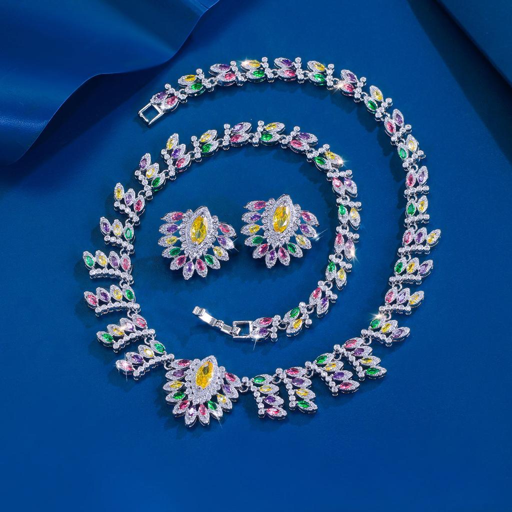 Bridal Dress Jewelry Set Zircon Inlaid Multicolor Necklace Earrings Luxury Full Diamond Set Chain