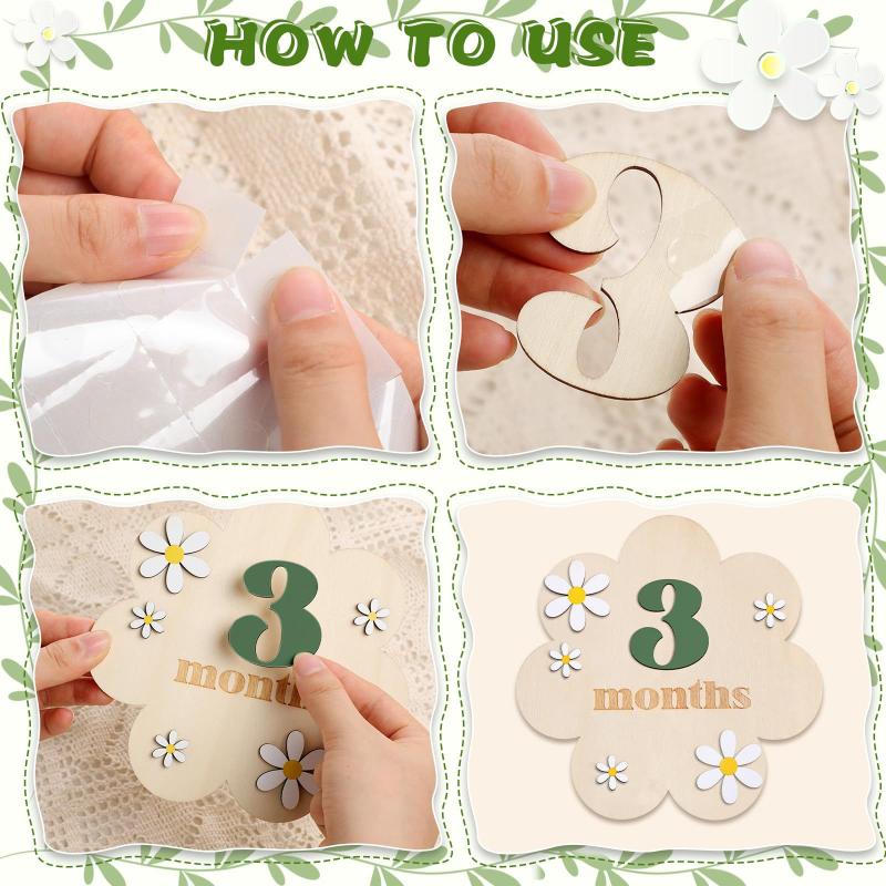 Dřevěné dětské měsíční milníkové karty Květiny Oboustranné Číslo Měsíc Dívky Chlapci Novorozenecké fotografické rekvizity Doplňky
