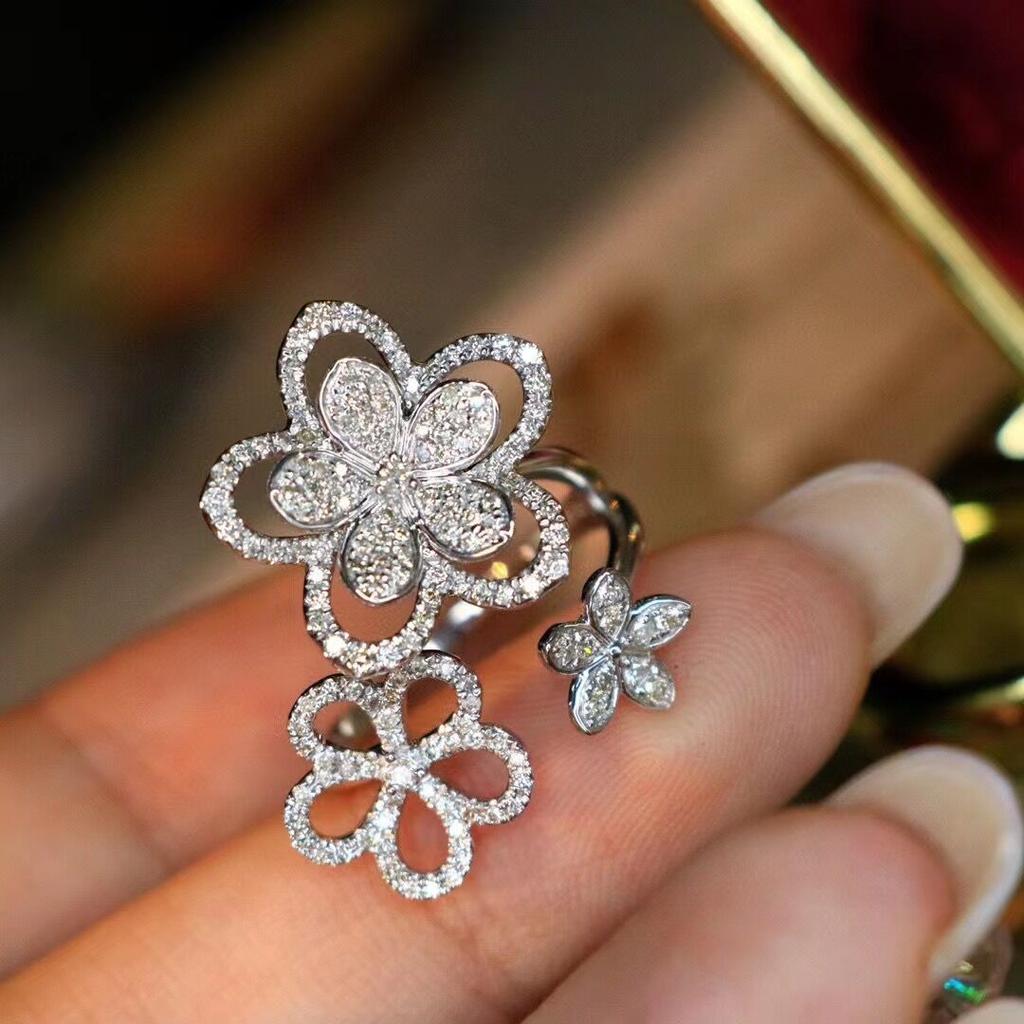 French Super Fairy Full Diamond Zircon Three Flower Opening Ring Female Stamp Fashion Wedding Party Birthday Gift