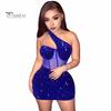 One Shoulder Mini Dress Women Shiny Sequin See-through Mesh Patchwork Slant Neck Sleeveless Cocktail Party Short Backless Sheath Slim Fit Club