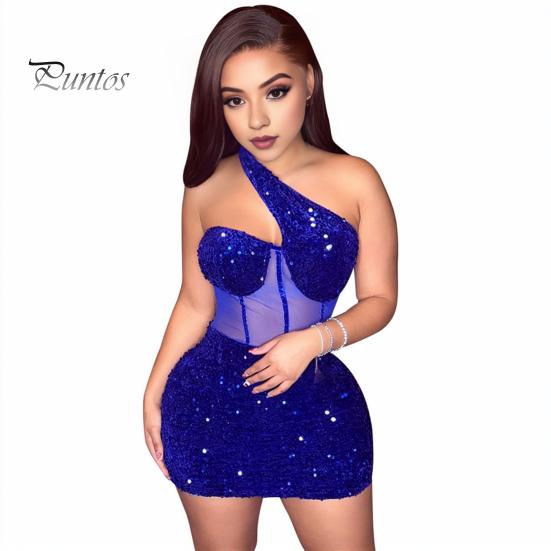 One Shoulder Mini Dress Women Shiny Sequin See-through Mesh Patchwork Slant Neck Sleeveless Cocktail Party Short Backless Sheath Slim Fit Club