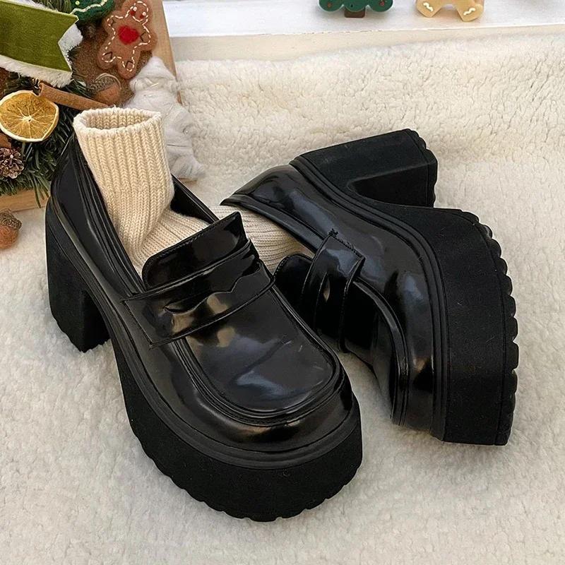 Fashion Gothic Chunky High Heels Pumps for Women 2025 Spring Patent Leather Platform Loafers Woman Black Thick Heeled Jk Lolita Shoes