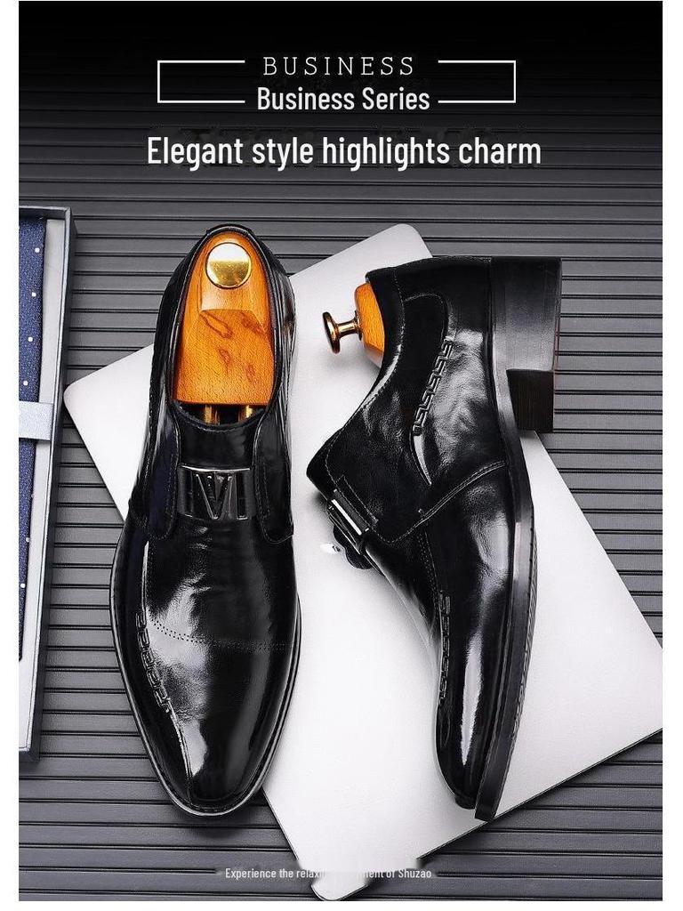 Men's Formal High-End Cowhide Leather Slip-On Shoes with Automatic Buckle and Breathable Pointed Toe Design