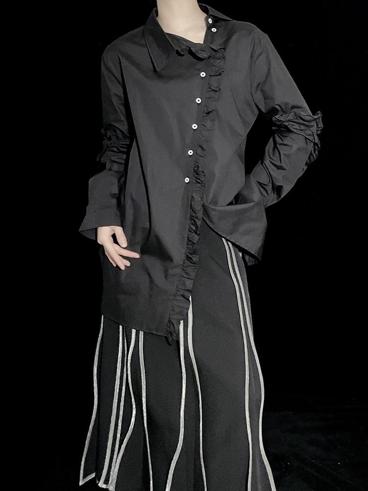 Xitao Edible Tree Fungus Single Breasted Women Shirt Solid Color Turn-down Collar Asymmetrical Split Shirt 2024 Autumn HQQ2392