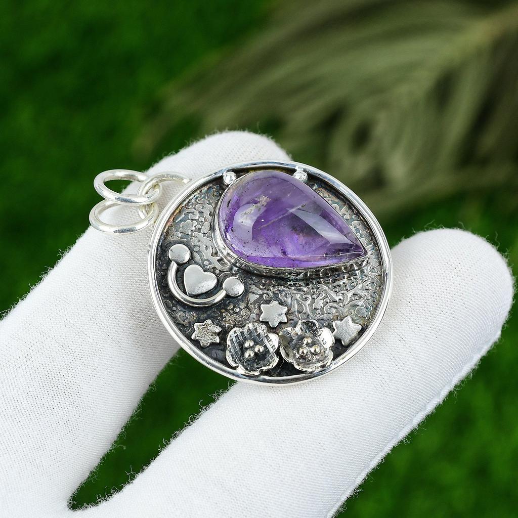 Natural Star Amethyst Gemstone Pendant Purple 925 Sterling Silver Indian Jewelry