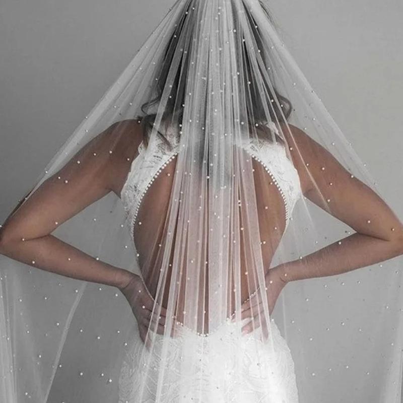 Kathedralenlänge Hochzeitschleier mit künstlichen Perlen Verzierungen Weicher Tüll Brautschleier mit Haarkamm Für Braut 150/200cm