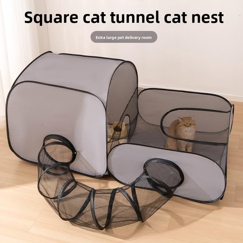Quadratisches Graues Katzen- und Hundelieferzimmer Strapazierfähiger Oxford-Stoff mit Spieltunnel Faltbares Haustierbett