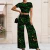 Damen Große Größen Rundhals Kurzarm Bedrucktes Crop Top Schwarz Gold Silber Weit Bein Hosen Zweiteiliges Set