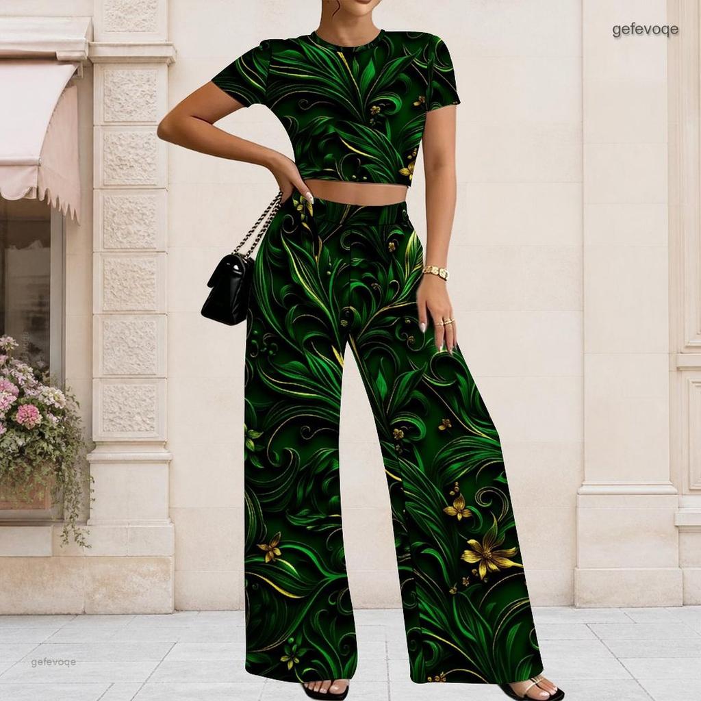 Damen Große Größen Rundhals Kurzarm Bedrucktes Crop Top Schwarz Gold Silber Weit Bein Hosen Zweiteiliges Set