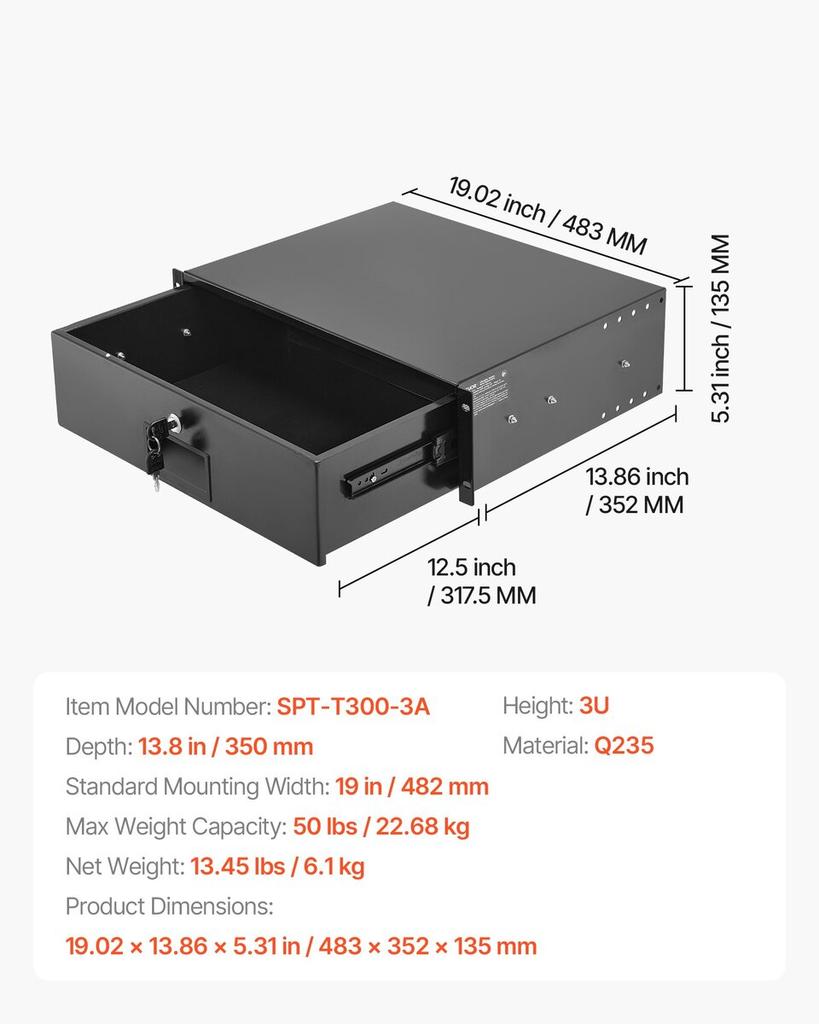 3U Rack Mount Drawer, 22.68 kg Max Load-Bearing, Lockable Server Cabinet Case, Sliding Drawer with Lock and Cable Management Holes, for Network