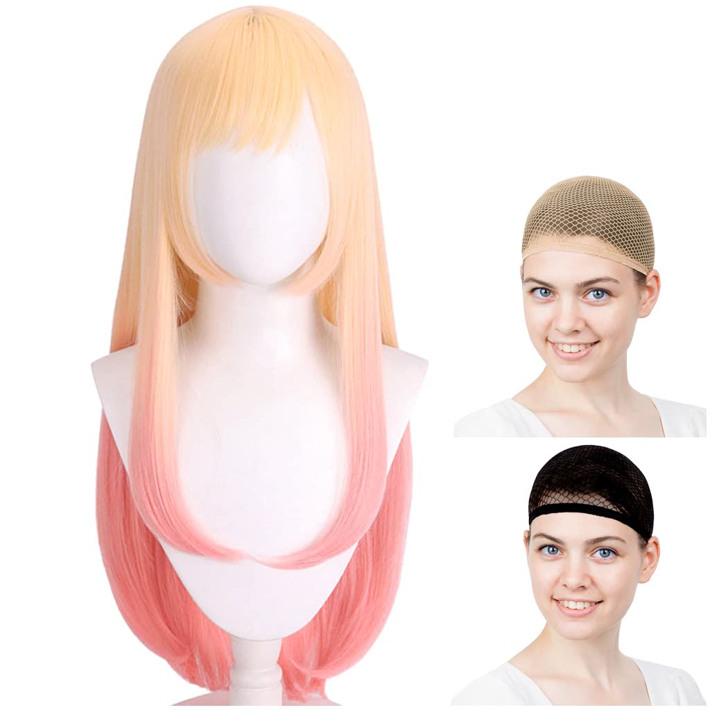 CaseEden Cosplay Wig, Smooth, Long, 70cm, Heat-Resistant, Gold & Pink Gradient, Set of 2 Wig Nets