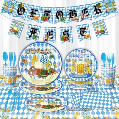 Monachium Oktoberfest Niebiesko-Biały Kratkowany Zestaw Stołowej Zastawy Imprezowej: Kubki, Talerze, Serwetki, Obrus