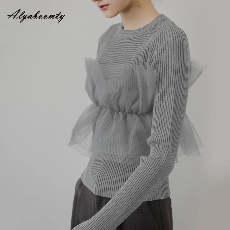 

Корейская мода осень весна женский стильный свитер с круглым вырезом бежевый серый черный сетчатый лоскутный вязаный пуловер женственный сладкий вязаный топ One Size серый