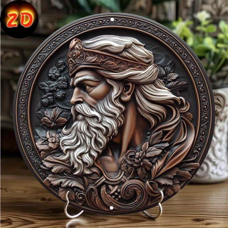 2D Flat 20*20cm1pc Zeus-Inspired Round Wooden Wall Art, Ornate Zeus Head & Floral Design, Ideal for Home, Office, Bar Decor or Wedding Gift.