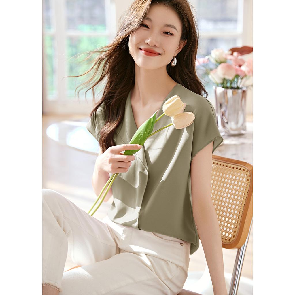 Trendy Temperament Asymmetrical Lapel Shirt Summer New Women's Loose and Thin V-neck Top