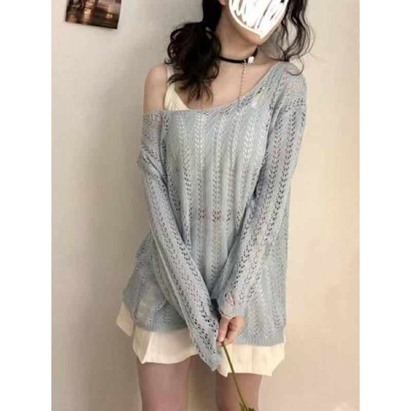 

Летний новый тонкий полый пуловер вязаный свитер свободный ленивый ветер с длинным рукавом солнцезащитная блузка топ женский One size сине серый