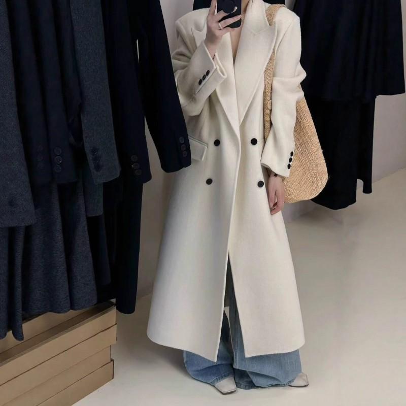 Womens Wool Blend Double-Sided Coat Mid-Length Loose Fit Korean Style Casual Overcoat With Notched Lapel Double Breasted