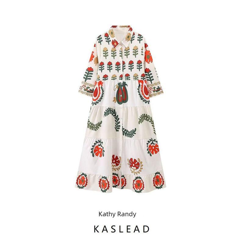 Kaslead New Arrival Women's Clothing Fashion Style Fashion Positioning Print Long Sleeves Vacation Style Dress