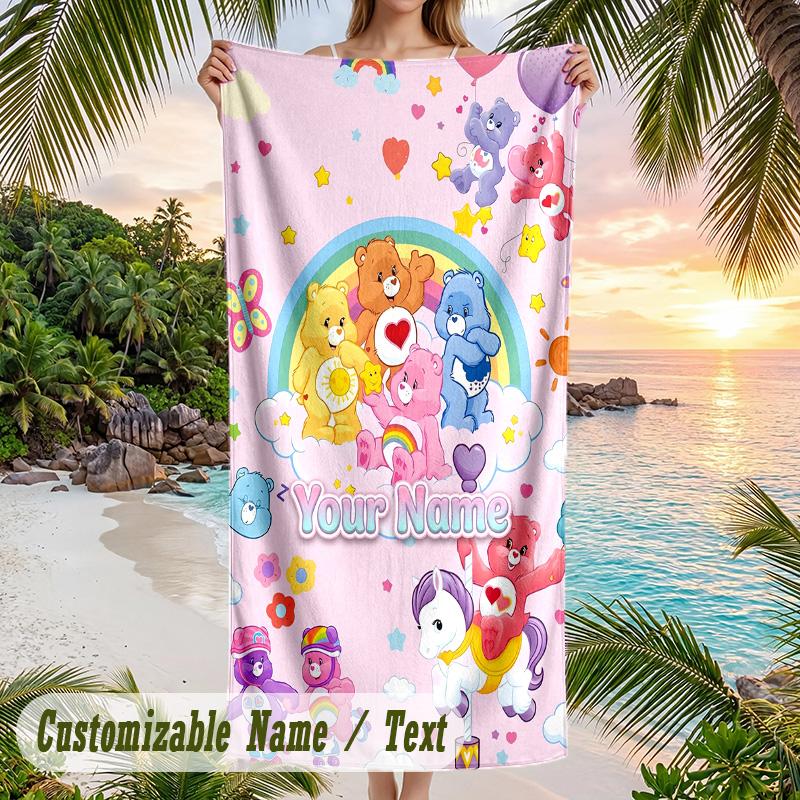 Ručník Care Bears na pláž, Personalizovaný vlastní text, Rychleschnoucí měkký velký ručník pro bazén, cestování
