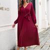Damen Langarm Maxi Kleid Herbst Winter V-Ausschnitt Schnürung Einfarbig Plissiertes Temperament Größen S bis XXXL