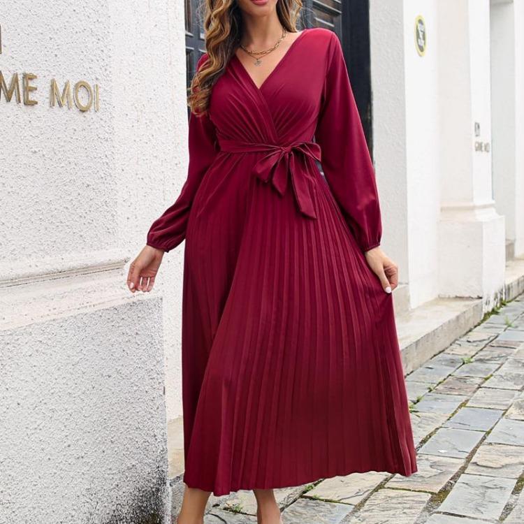 Women Long Sleeve Maxi Dress Autumn Winter V Neck Lace Up Solid Color Pleated Temperament Sizes S to XXXL