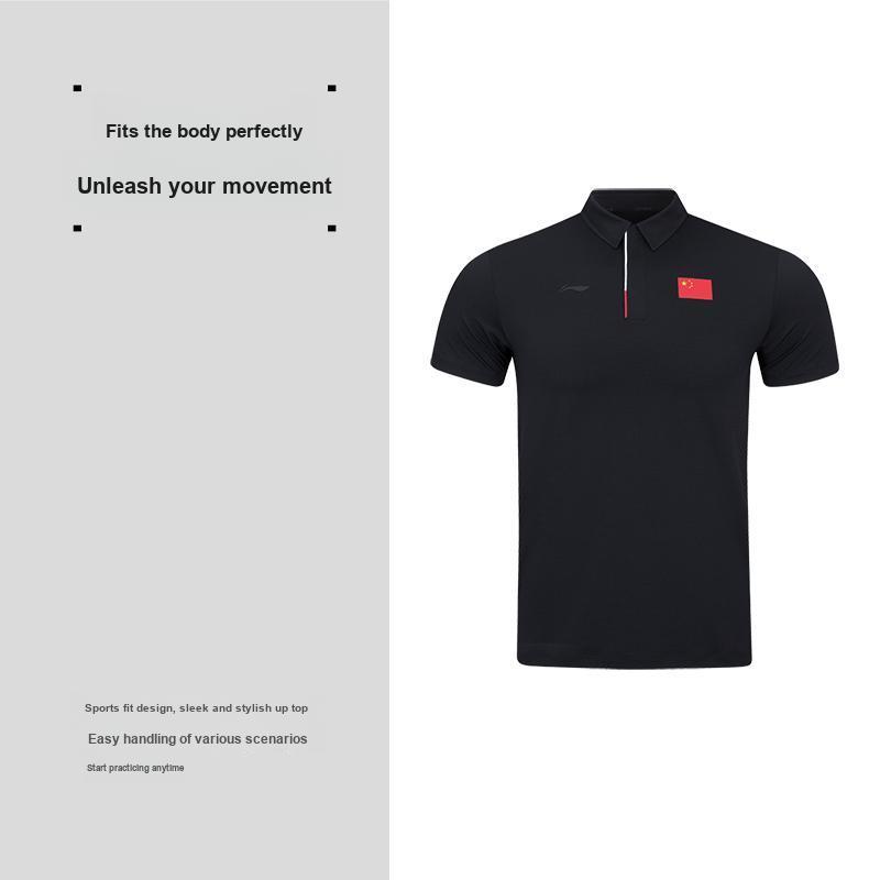 Li Ning Table Tennis Series Glory National Flag Simple Comfortable High Elastic Breathable Polo Sports Casual T-Shirt Unisex Tops Deep-Blue APLW073-1