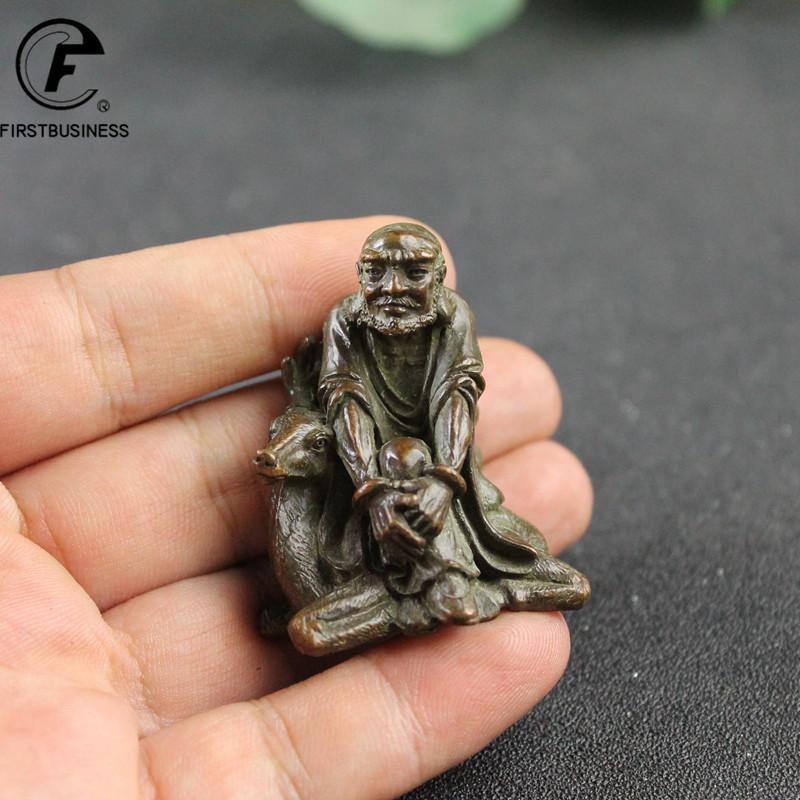 Antique Copper Arhat Sitting On A Deer Small Statue Desk Ornaments Retro Buddha Figurines Lucky Feng Shui Home Decor Accessories