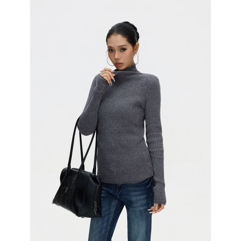 F383 American Retro Turtleneck Sweater for Women, Slim Fit, Knit Top, Long Sleeve, Versatile Base Layer Shirt