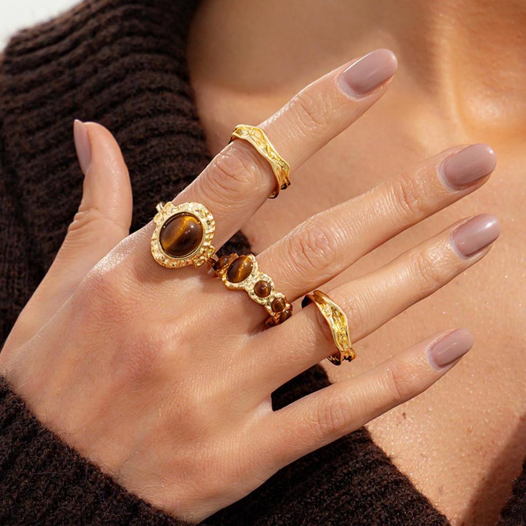 European & American Cross-Border Cold Style Irregular Gemstone Ring Set for Women