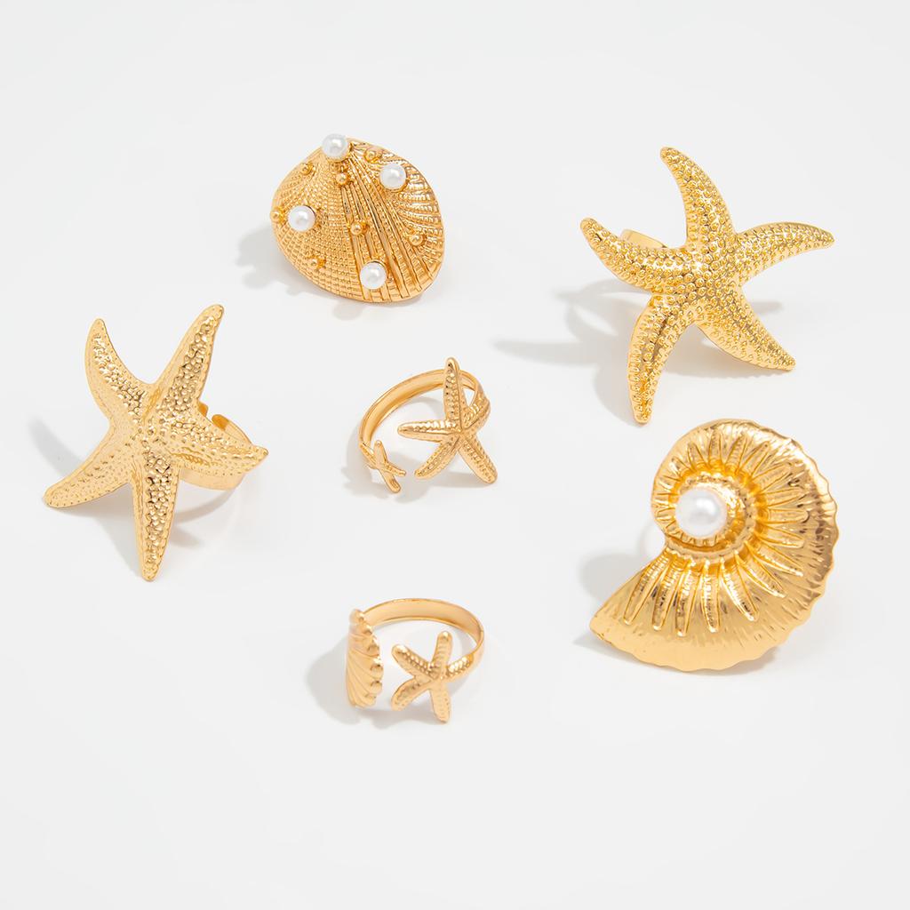 Ocean Wind Starfish Scallop Shell Ring Set, Stylish Imitation Pearl Conch Joint Ring Ring