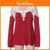 Women Loose Casual Off Shoulder Long Sleeve Lace Splicing Shirt Tops Blouse With Vneck Design