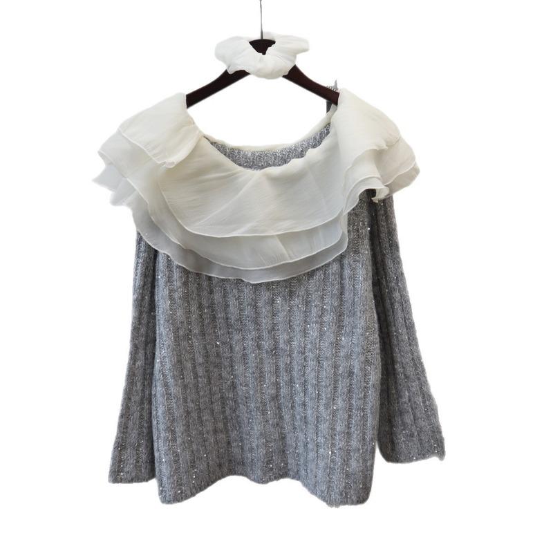 Autumn and winter new models with headrope one-word shoulder ruffle edge knitted sweater top sequined gentle wind sweater pullover woman