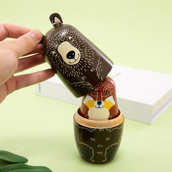 5Pcs/Set Animal Russian Nesting Doll 5 Layers Handmade Wooden Matryoshka Forest Animal Stacking Toy Home Office Desktop Decoration Ornament
