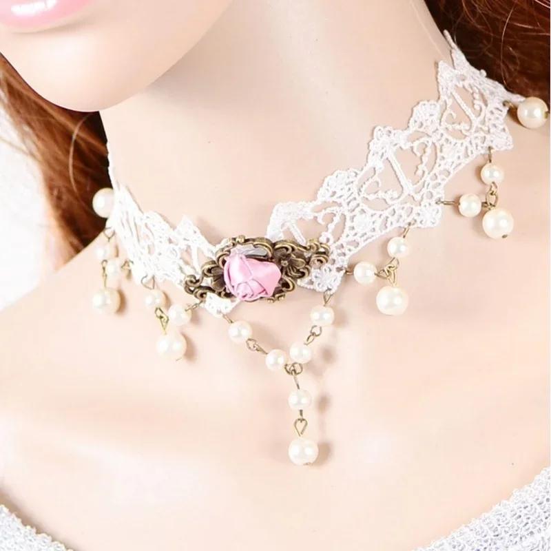 Lace Necklace Pearl  Pendant False Collar Wedding Jewelry Sets    for Women