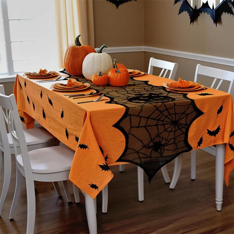 Spooky Halloween Table Runner Black Lace Spider Web Design Tablecloth Fireplace Scarf Haunted House Decor Party Decoration