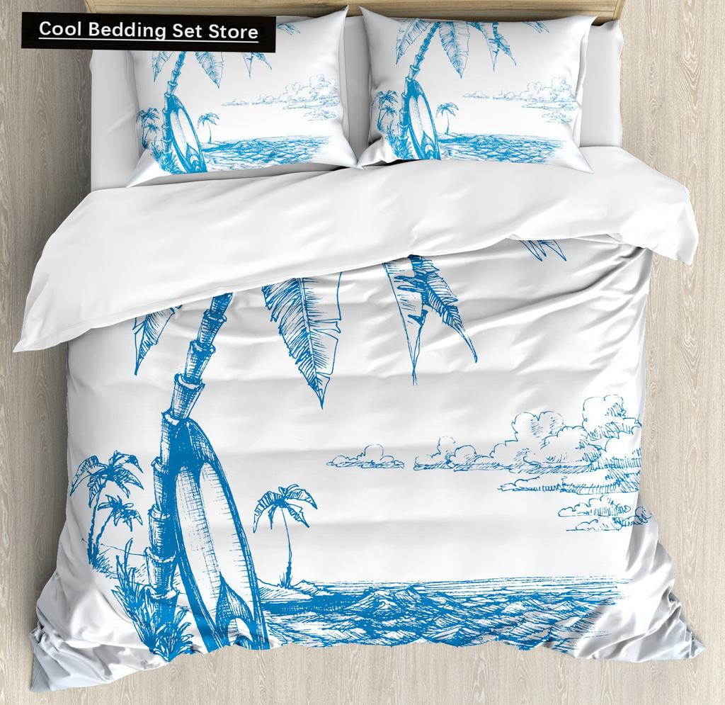 Summer Beach King Queen Duvet Cover Blue Ocean Fish Bedding Set Hawaiian Sea Palm Trees Quilt Cover Marine Life Comforter Cover