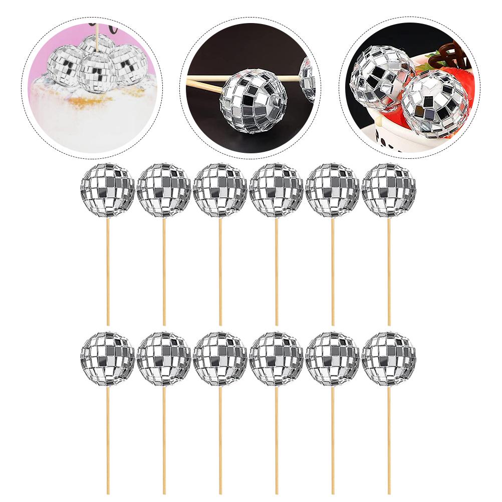 12 Pcs Disco Cake Sign Cupcake Decoration Ball Gold Wedding Insert Inset Wood + Glass Decorative Pick Baby Birthday Topper