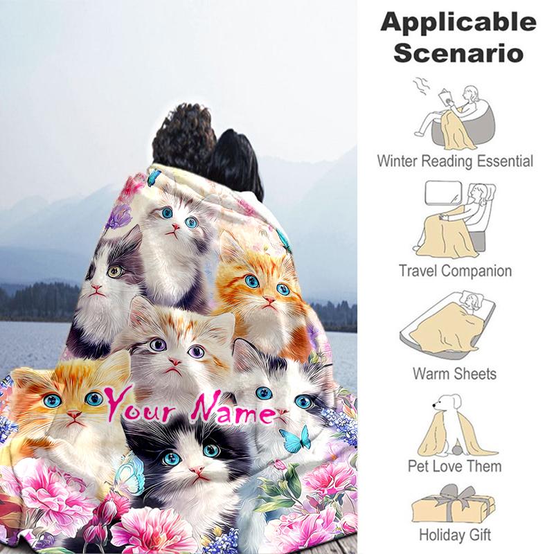 1PC Custom Name Kittens Butterflies Flowers Flannel blankets Patterns Throw Blanket All-Season Soft Gift for Couch, Bed, Camping gifts