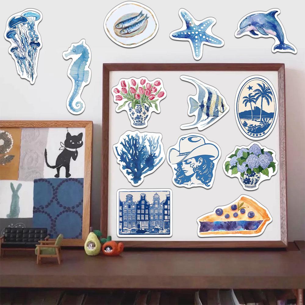 50-Piece Blue Cartoon Sticker Set for DIY Phone Cases, Notebooks, and Water Bottles