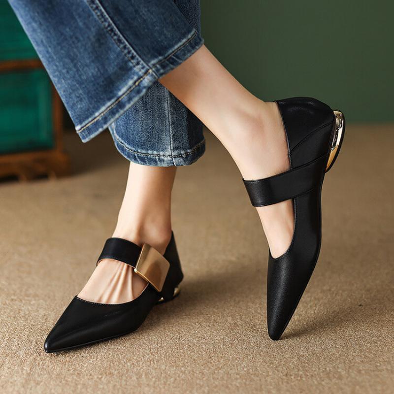 New four seasons pointed fashion single shoes women's buckle fashion solid color non-slip beef tendon sole large size soft sole cowhide women's shoes
