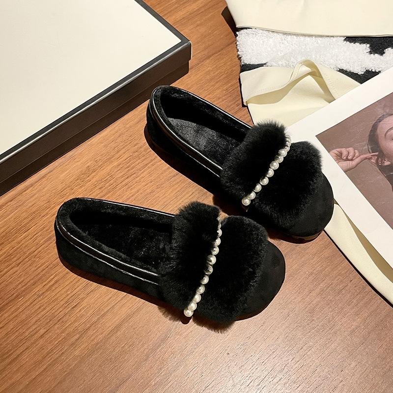Women's Summer Flat Fur Bean Shoes with Rabbit Hair, Plus Size, Wear Outdoors