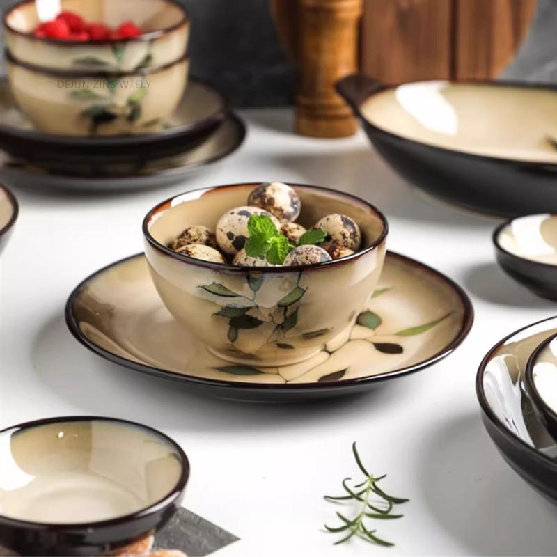 1Pc Vintage Bamboo Leaf Ceramic Bowl Salad Plate Exquisite Ceramic Cutlery Household Noodle Bowl Western Steak Cake Sushi Plate