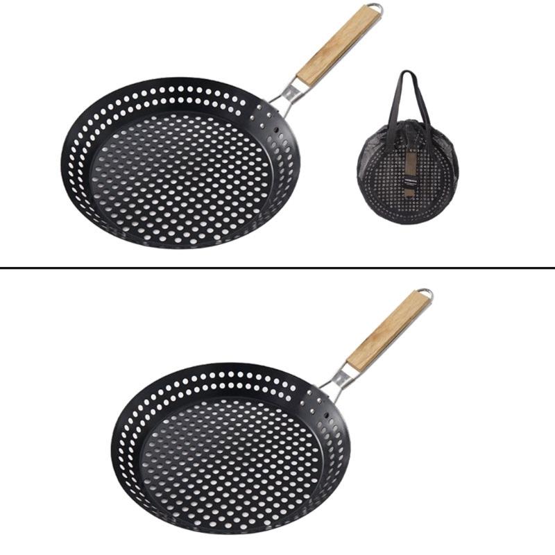 Outdoor Grill Pan for Camp Stove Meals, 12Inch Perforated Iron Pan with Folding Wooden Handle and Nonstick Surfaces