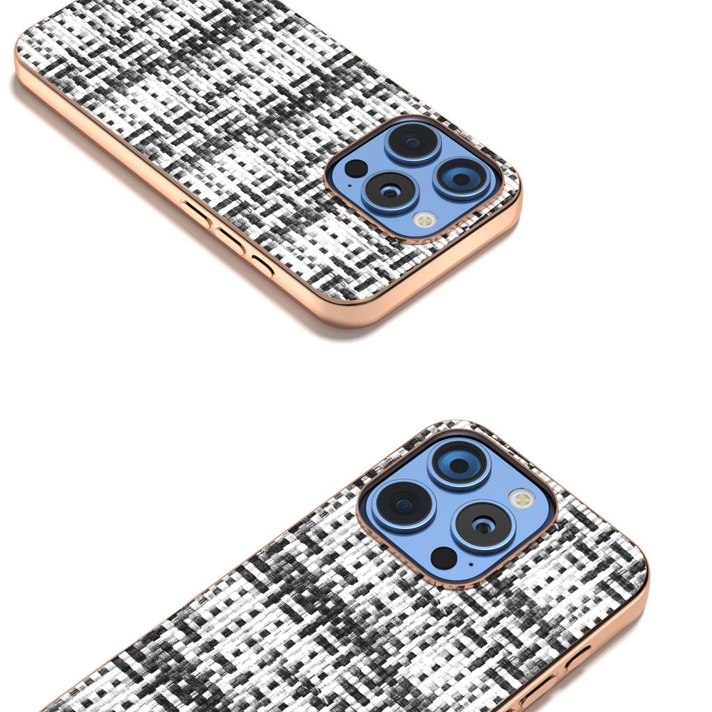 For iPhone 16 Pro Case Electroplating Edge Plaid Texture PU Leather+PC+TPU Phone Cover