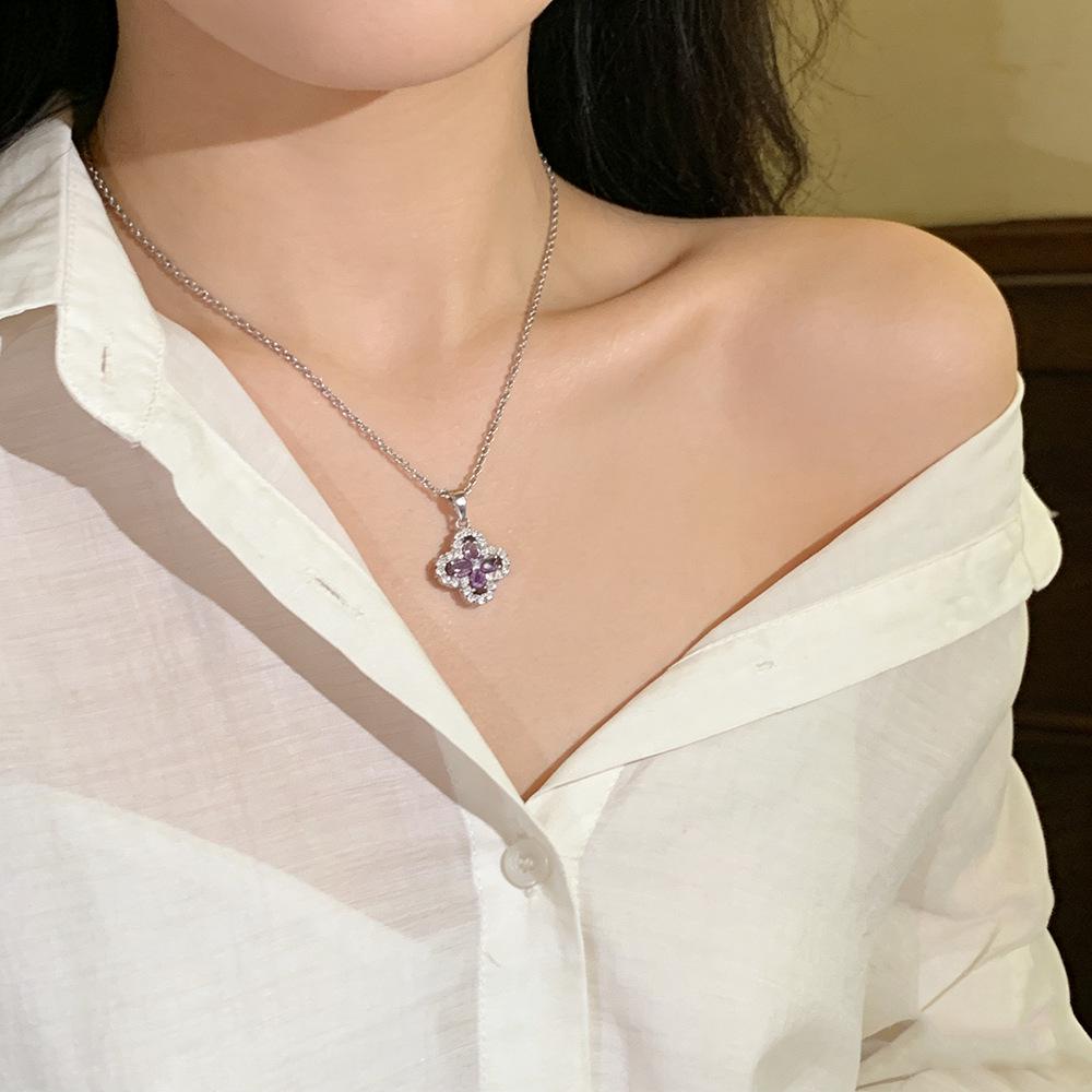 Purple Diamond Four-Leaf Clover Titanium Steel Necklace with Zirconia for Women