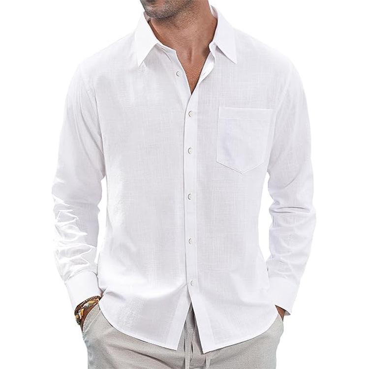 Cotton and Linen Shirt, Thin Lapel Collar with Pocket, Long-sleeved Shirt for Men